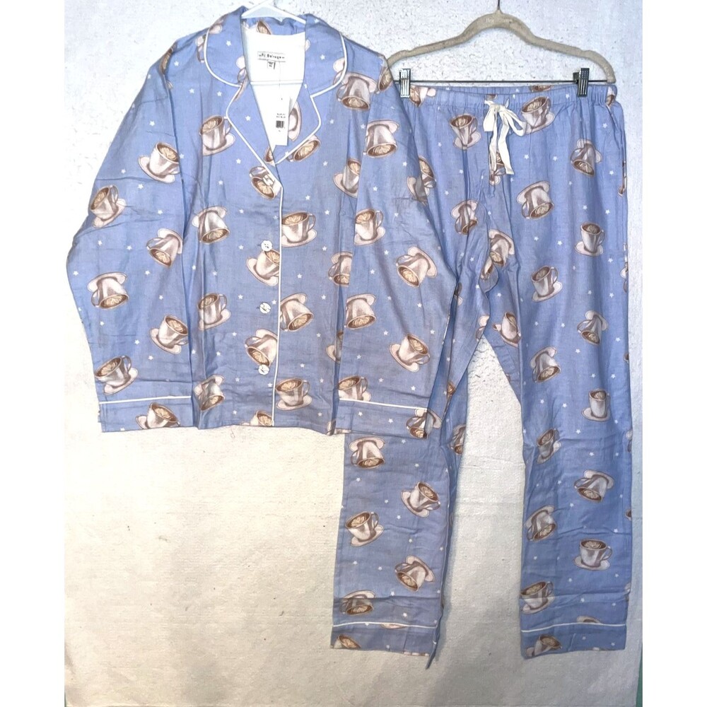 PJ SALVAGE SKY BLUE FLANNEL COFFEE CUPS 2PC PAJAMA SET Women's XL Cotton